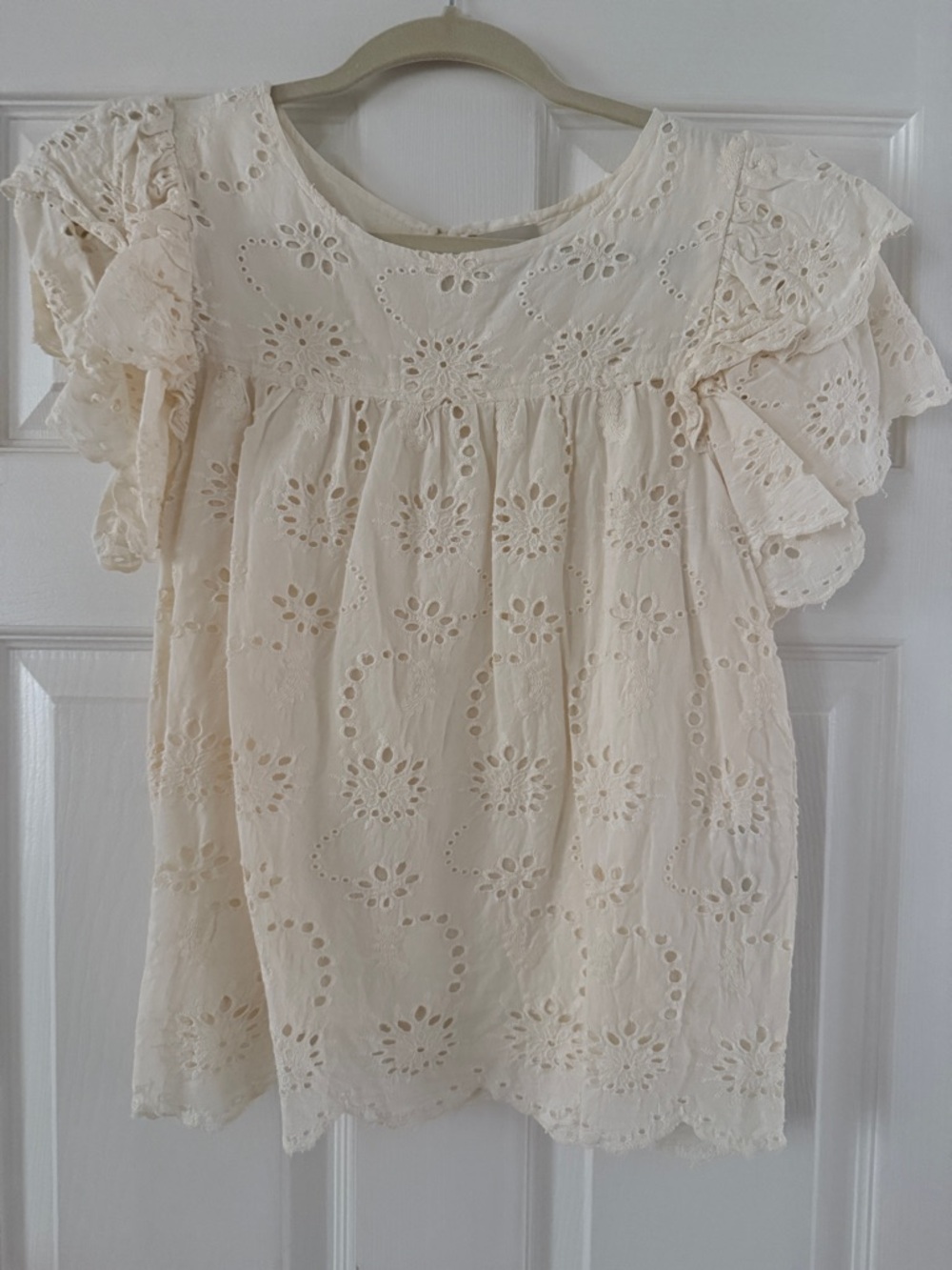 Cream Eyelet Ruffle Sleeve Blouse - Women's